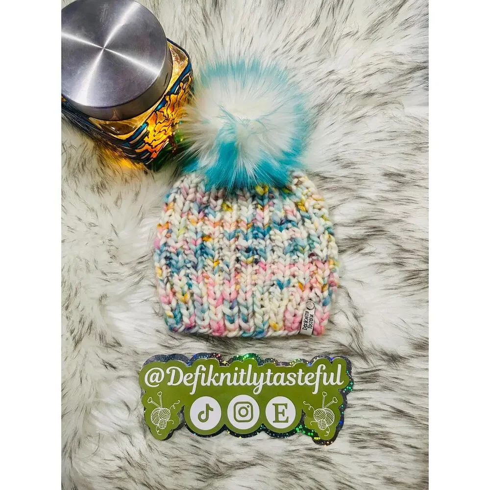 Hand Knit Merino Wool Beanie: DefiKnitly Tasteful Knit Hat with Faux Fur Pom